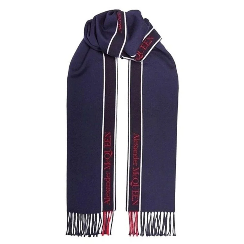 ALEXANDERw MCQUEEN Fringe Wool & Cashmere Scarf, Navy/Red, NWT